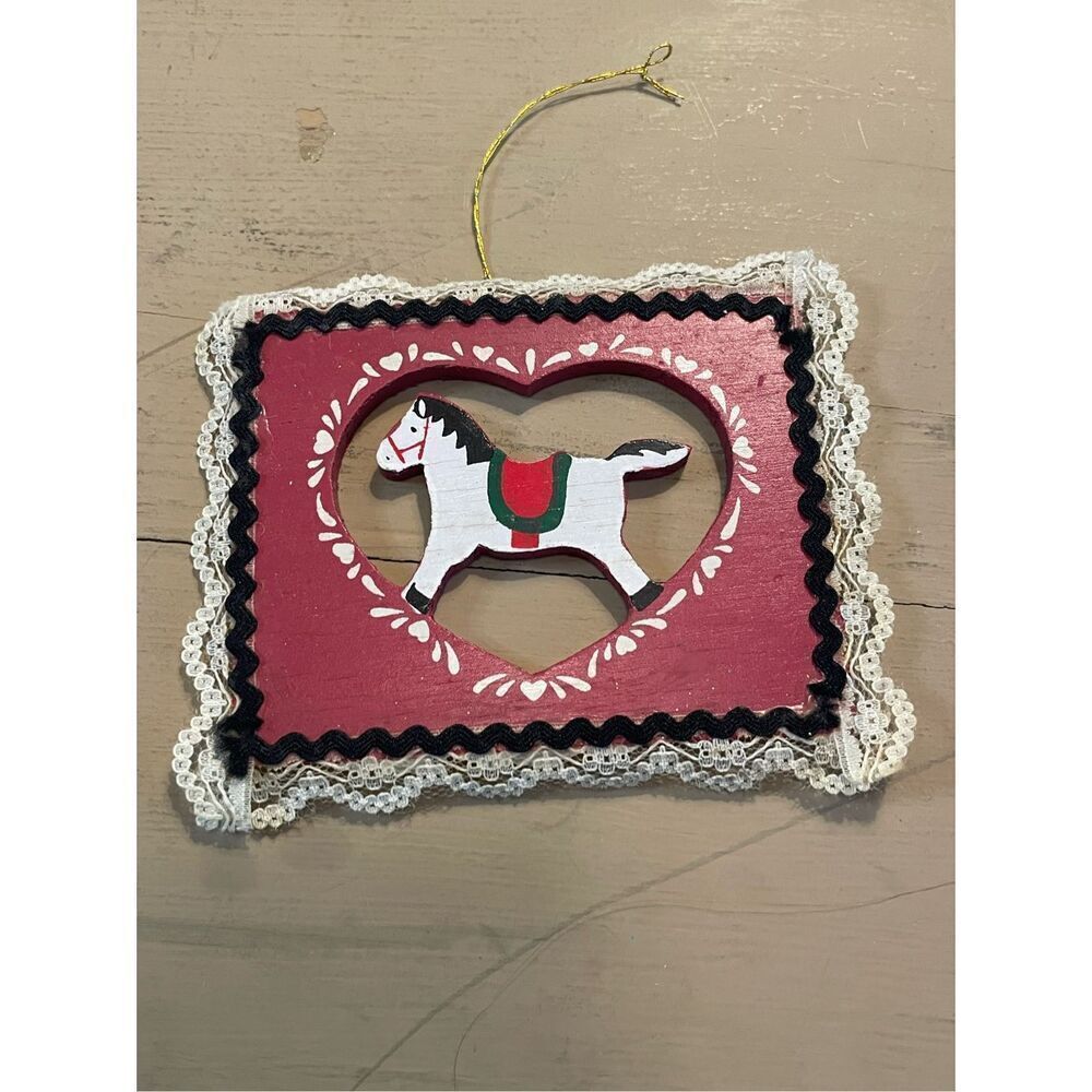 Wooden Rocking Horse Hanging Christmas Ornament Red White Square‎ Lace Trim